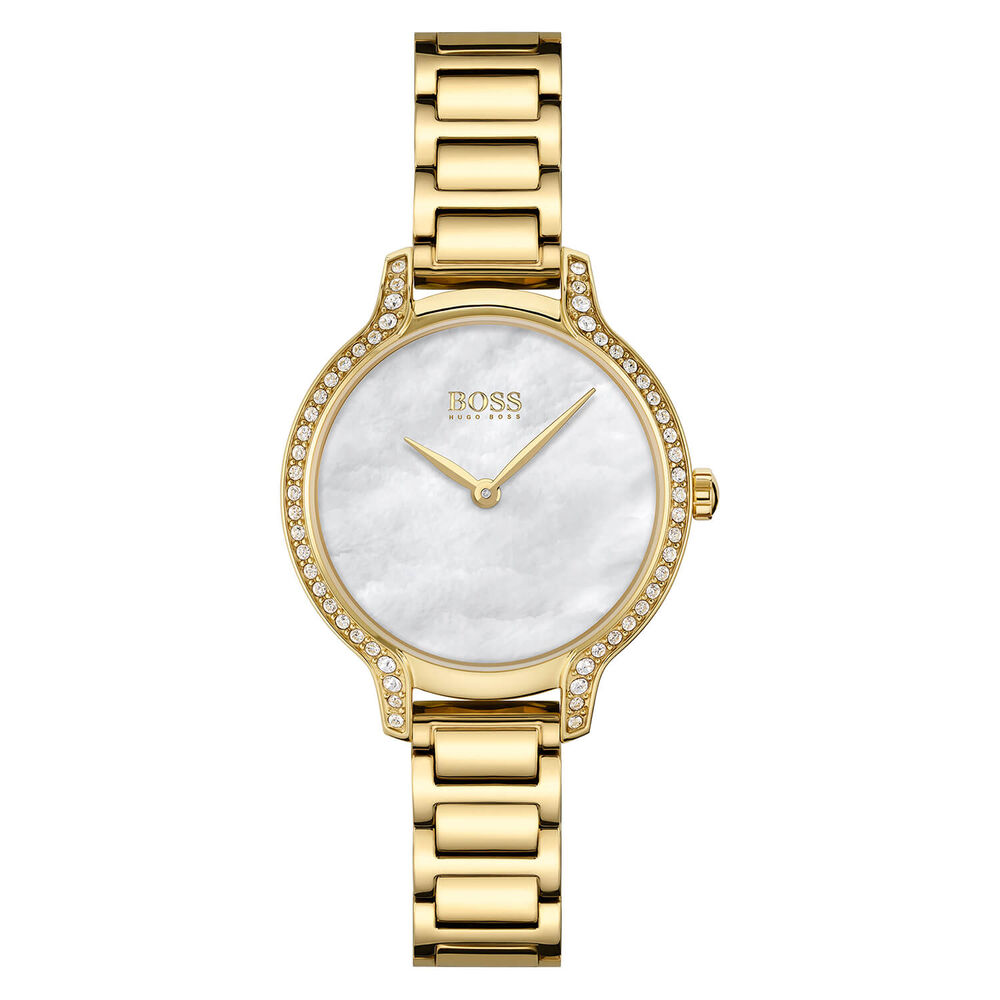 Hugo Boss Gala 28mm Mother Of Pearl Dial Cubic Zirconia Set Case Yellow Gold IP Case Bracelet Watch image number 0