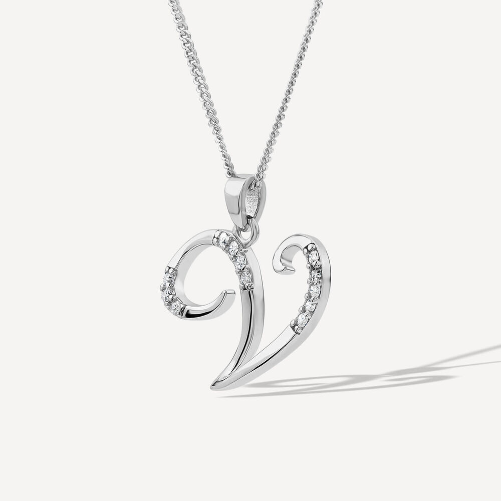 Sterling Silver Script Cubic Zirconia Initial V Pendant image number 1