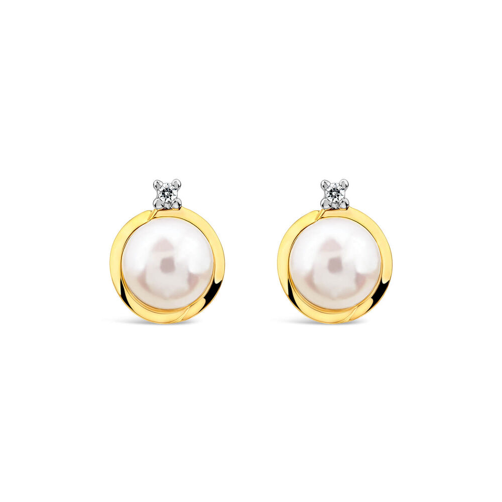 9ct Yellow Gold Diamond Top Freshwater Pearl Gold Rim Stud Earrings