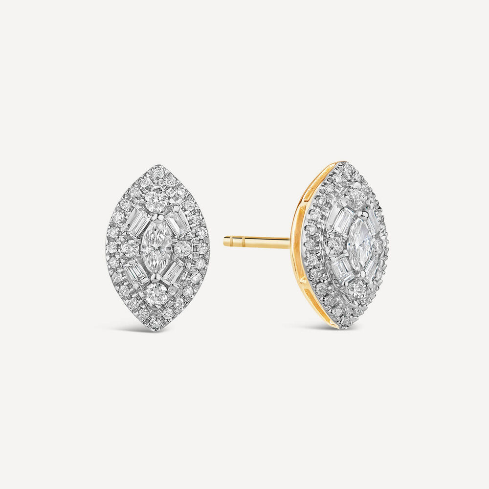 9ct Yellow Gold Marquis Shape Cluster 0.40ct Baguette Diamond Stud Earrings image number 1