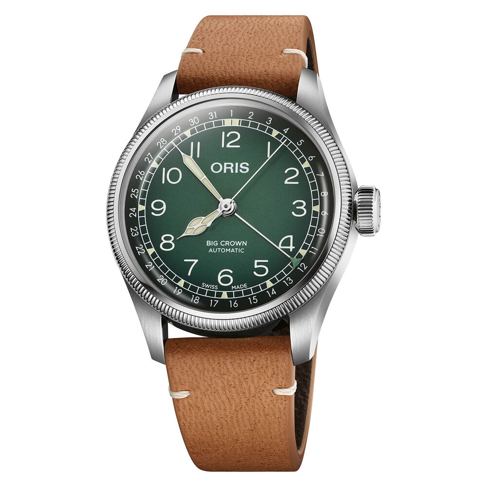 Oris Big Crown 38mm Green Dial Steel Case Tan Strap Watch