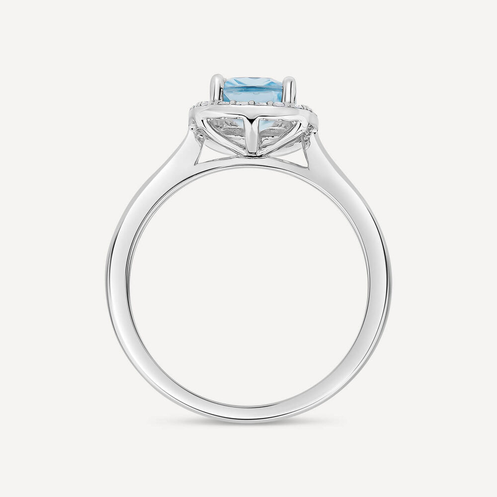 9ct White Gold Cushion Blue Topaz Centre 0.14ct Diamond Frame Polished Band Ring image number 3