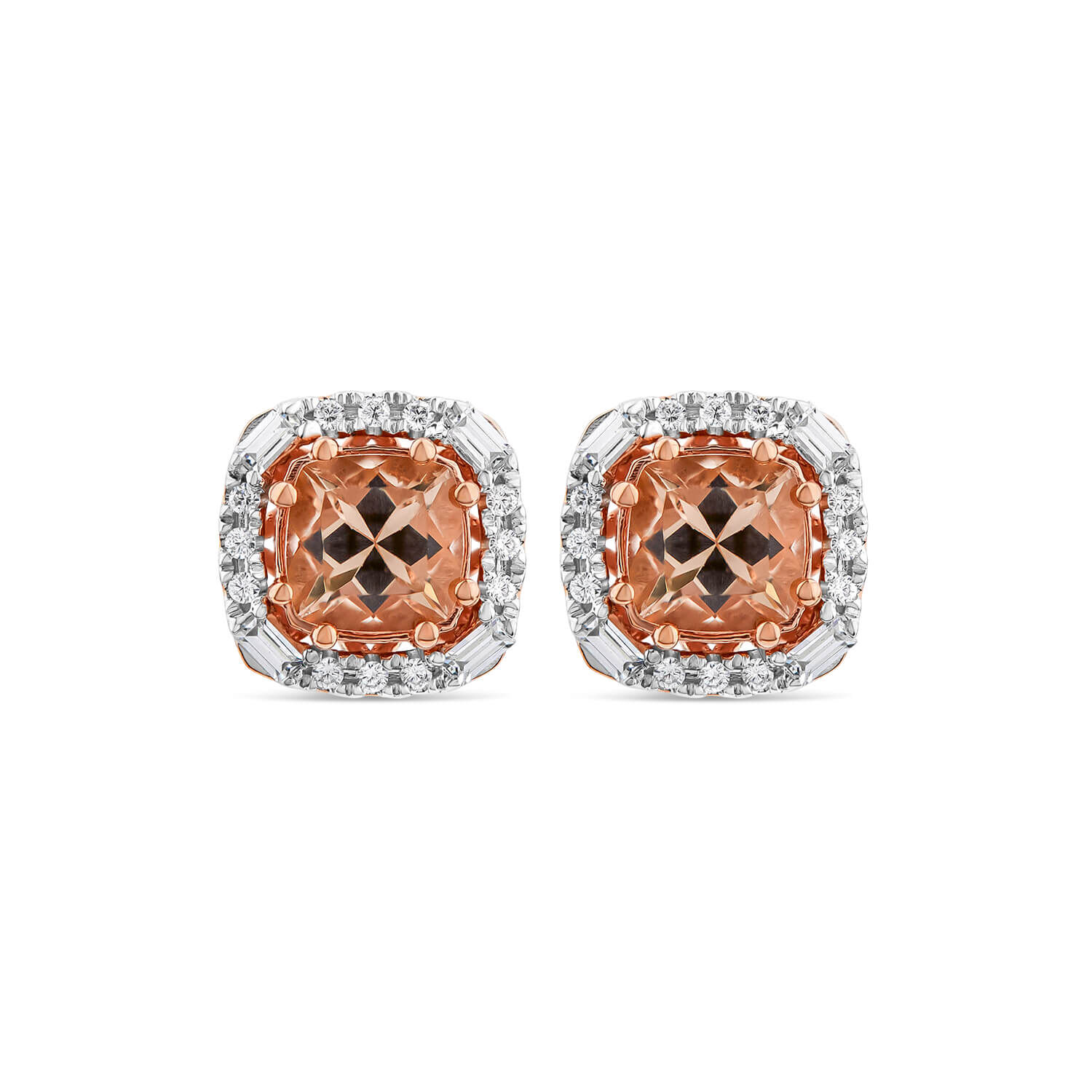 9ct Rose Gold Cushion Morganite 0.20ct Baguette Brilliant Diamond Surrounded Stud Earrings