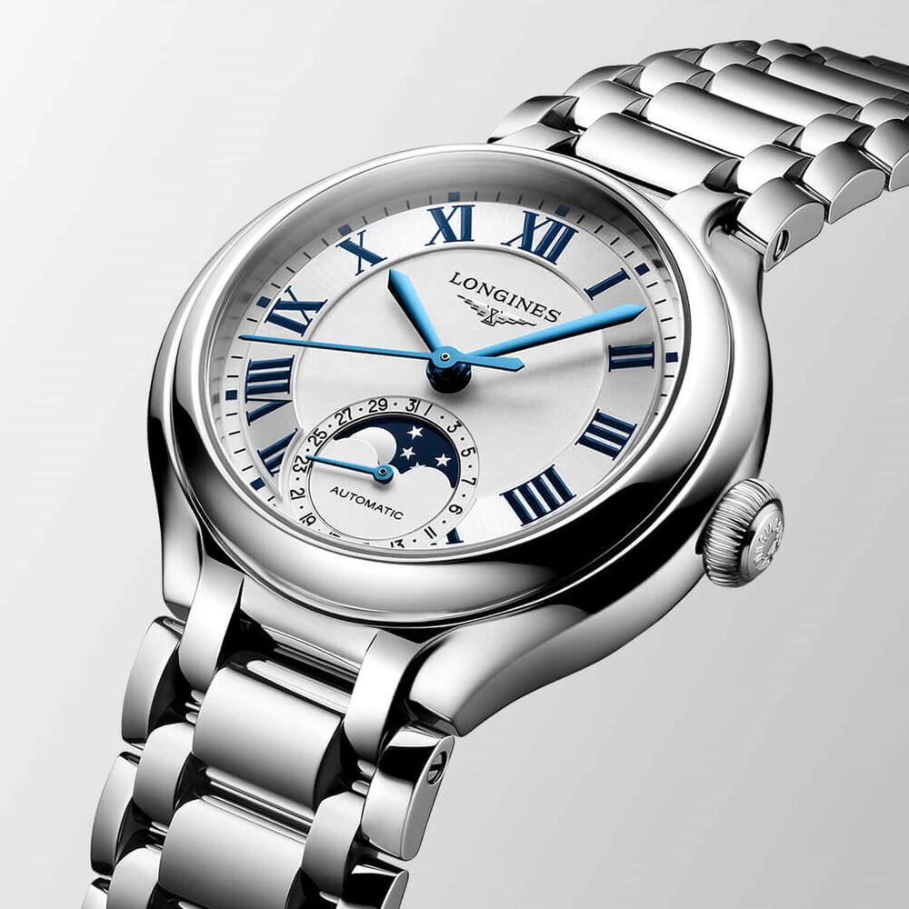 Longines Elegance Primaluna 34mm Silver Dial Moonphase Date Steel Bracelet Watch image number 2