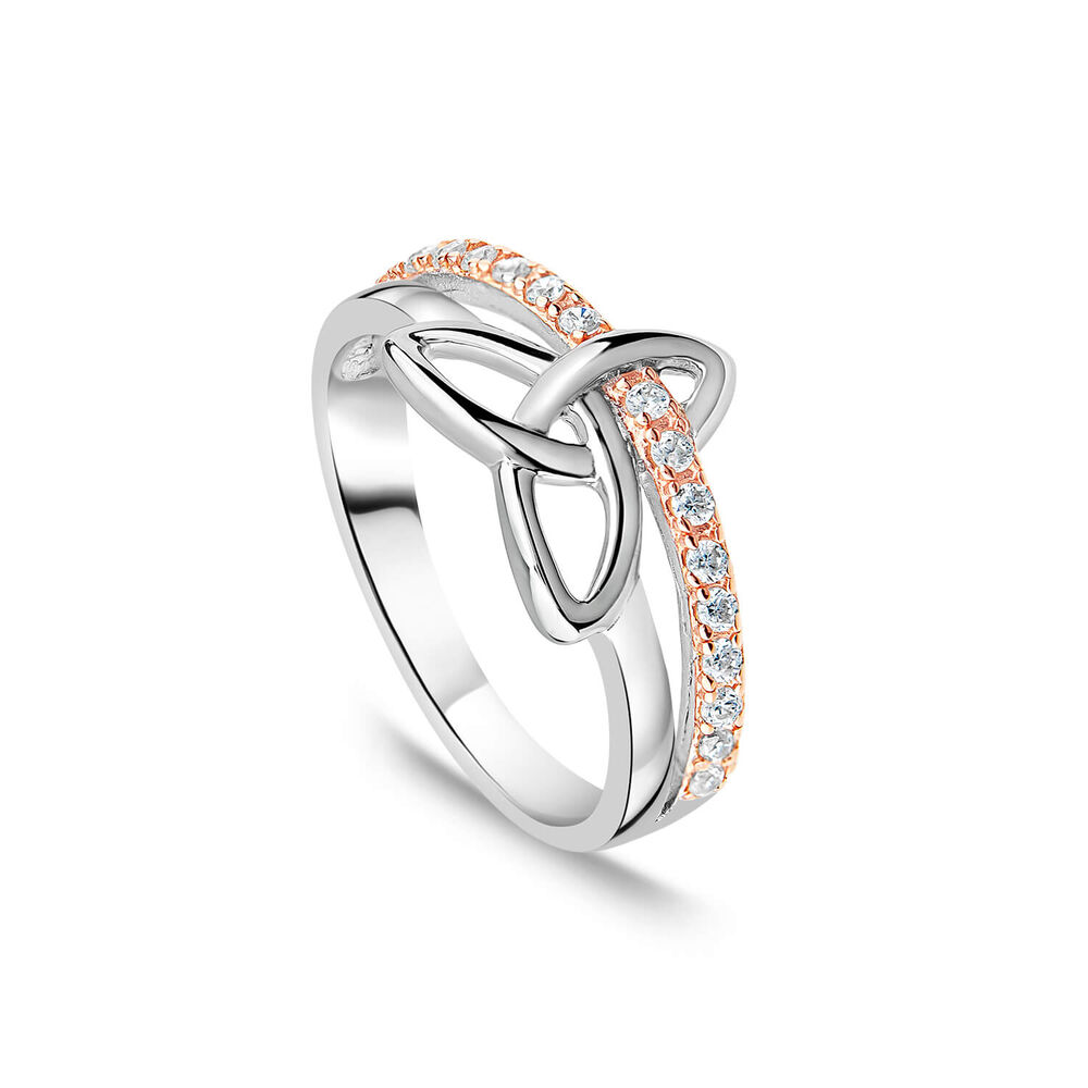 Sterling Silver Rose Gold Plated Trinity Knot Cubic Zirconia Ring image number 0