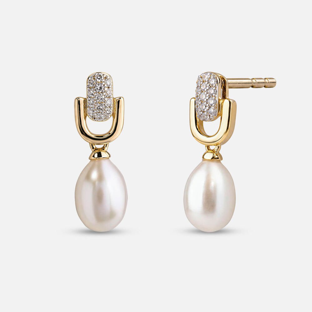 9ct Yellow Gold Oval Freshwater Pearl 0.08ct Pave Diamond Top Stirrup Drop Earrings