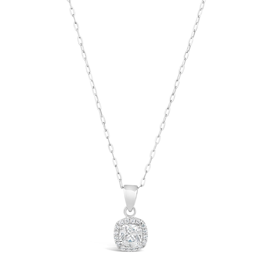 9ct White Gold Square Cubic Zirconia Halo Pendant (Chain Included) image number 0