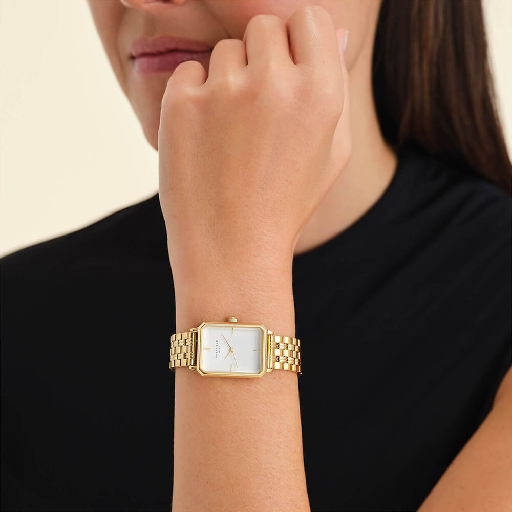 Rosefield Octagon Gold 23x29mm White Dial 23k Gold Plated Steel Bracelet Watch image number 4