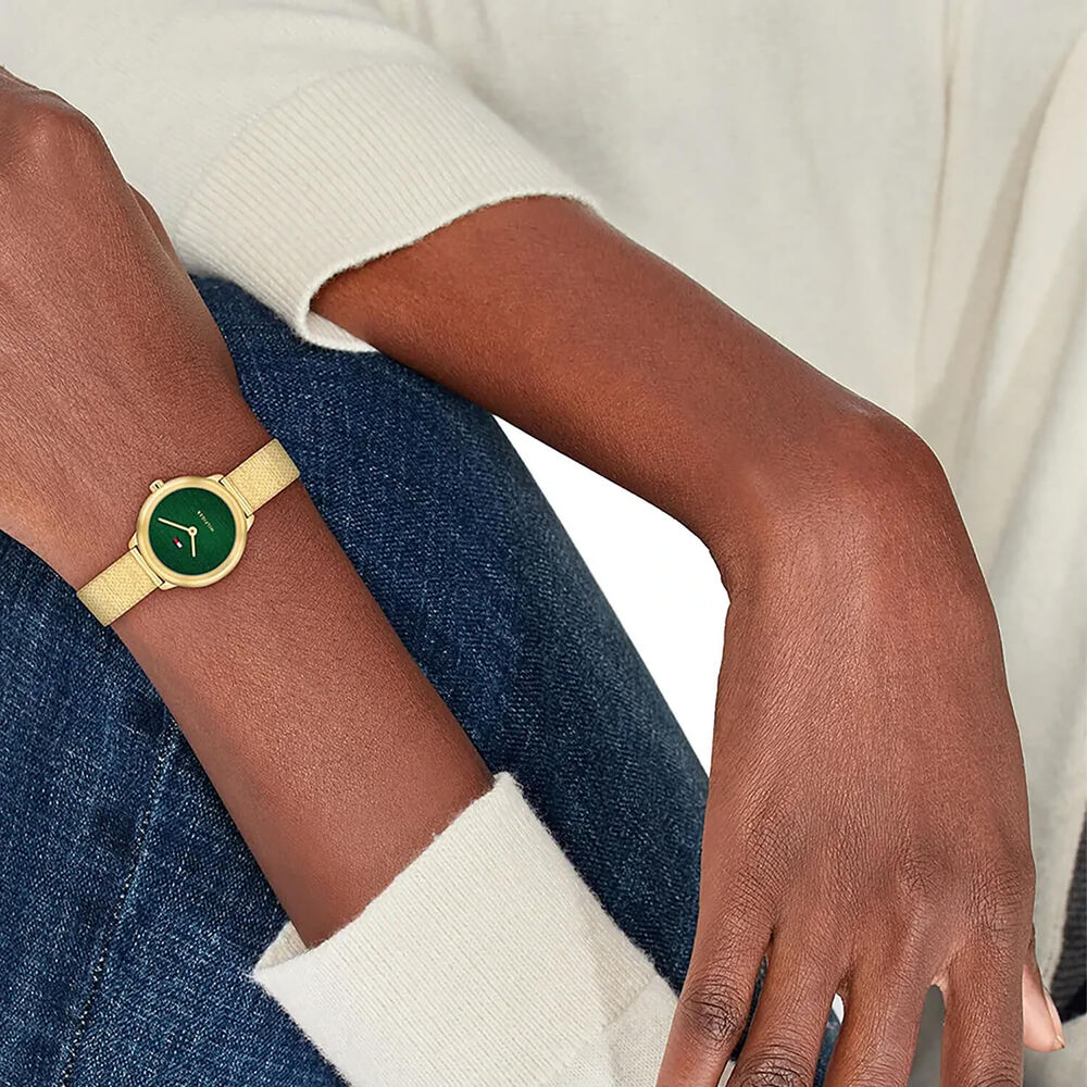 Tommy Hilfiger Demi 26mm Green Dial Yellow Gold Plated Case Mesh Bracelet Watch image number 3