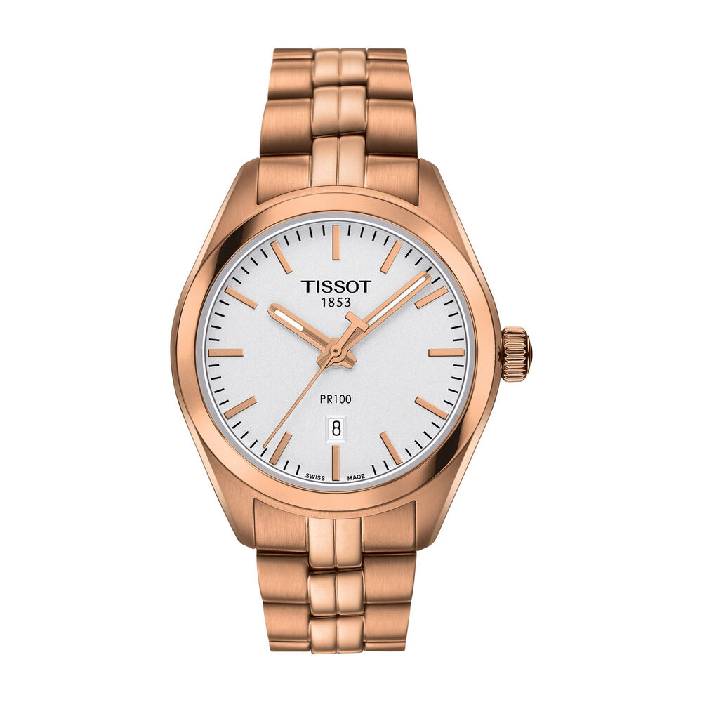Pre-Owned Tissot PR100 33mm Silver Dial Rose Gold Plated Steel Bracelet Watch image number 0