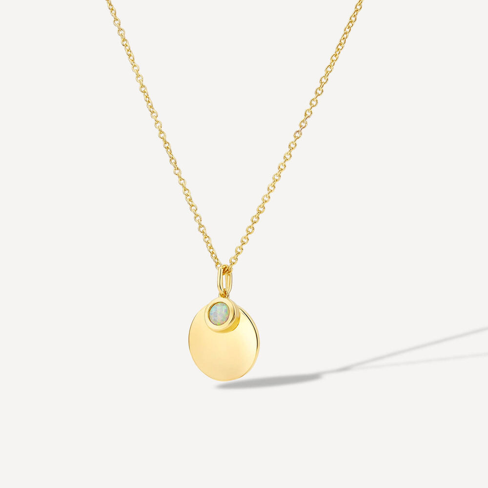 Yellow Gold Plated Sterling Silver October Birthstone Opal Disc Pendant