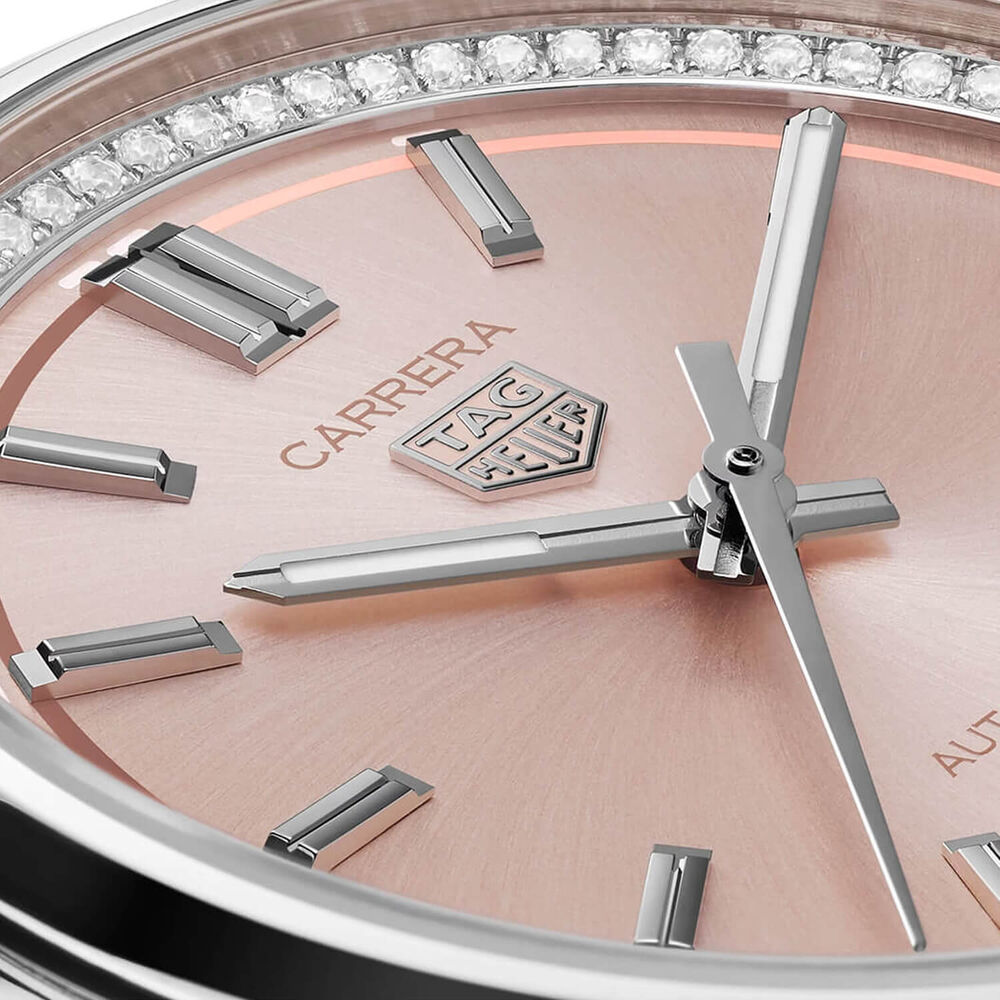 TAG Heuer Carrera Date 36mm Pink Dial Diamond Bezel Stainless Steel Bracelet Watch image number 2
