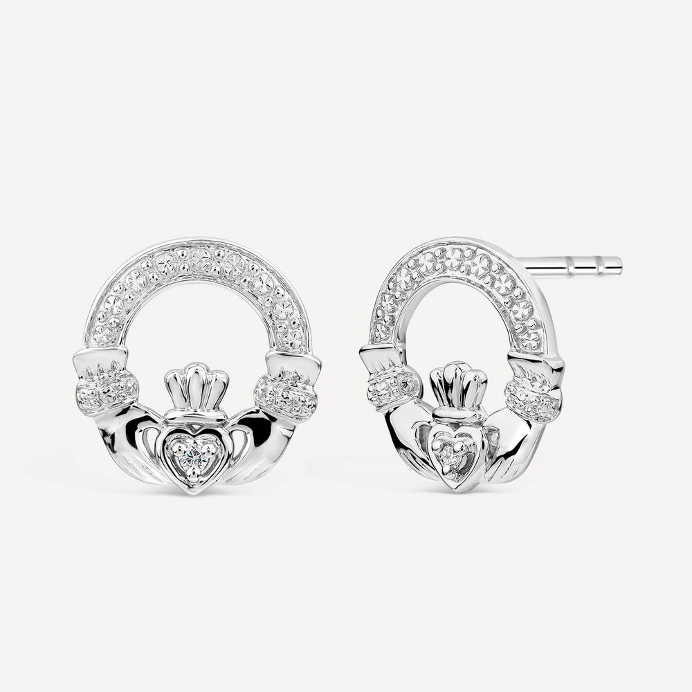 14ct White Gold Diamond Claddagh Stud Earrings image number 1