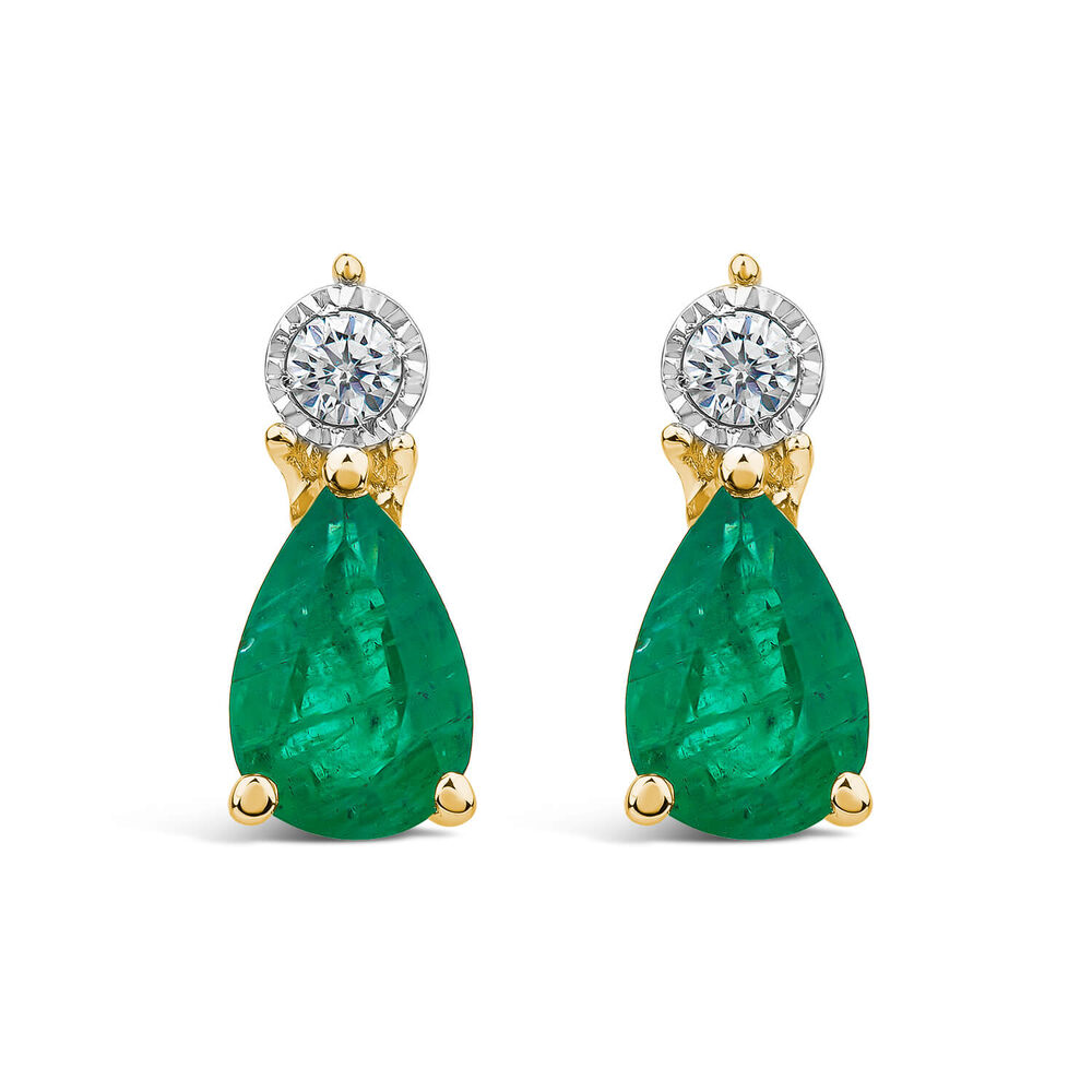 9ct Yellow Gold Pear Emerald & Diamond Top Drop Earrings