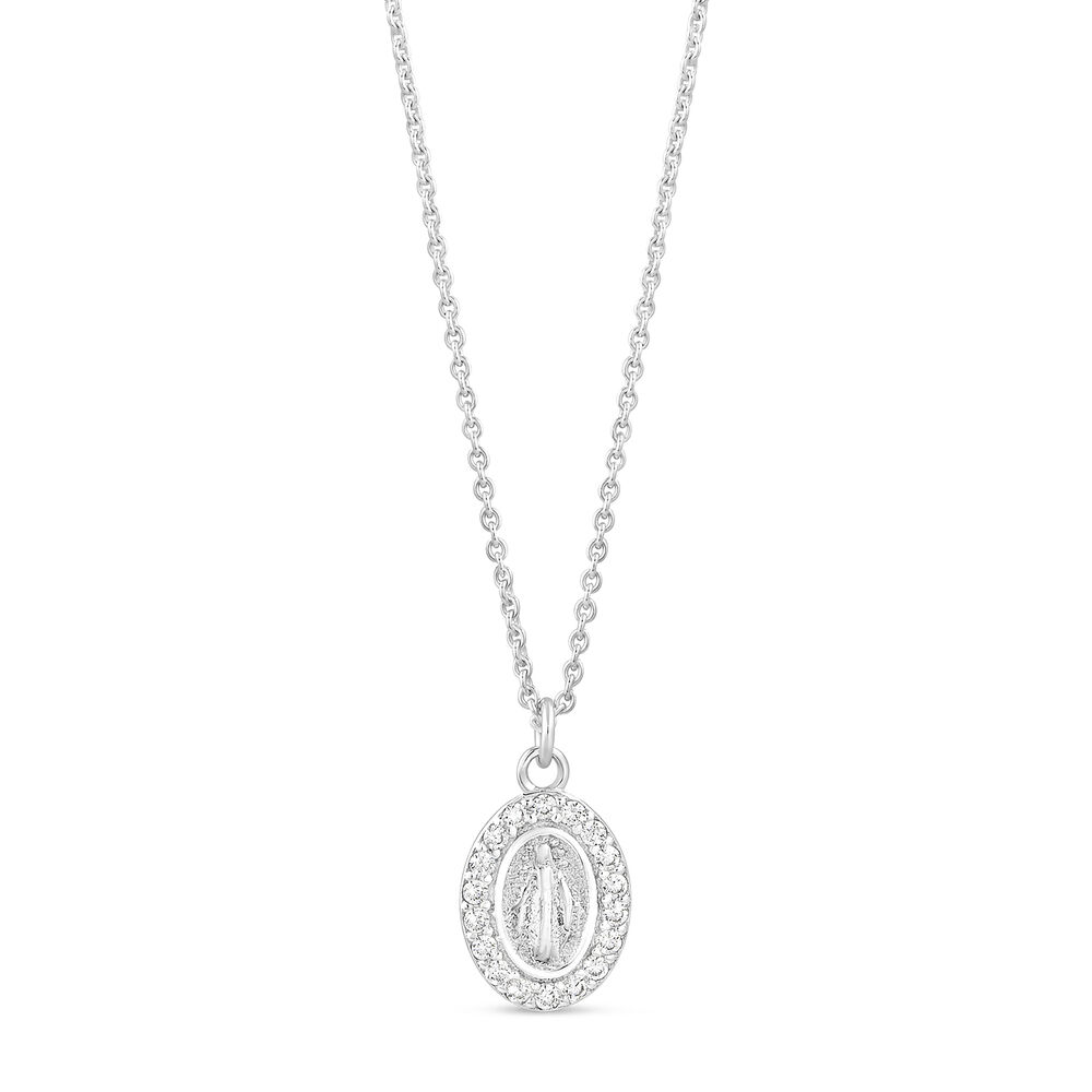 Sterling Silver Cubic Zirconia Miraculous Medal Necklace (Chain Included)