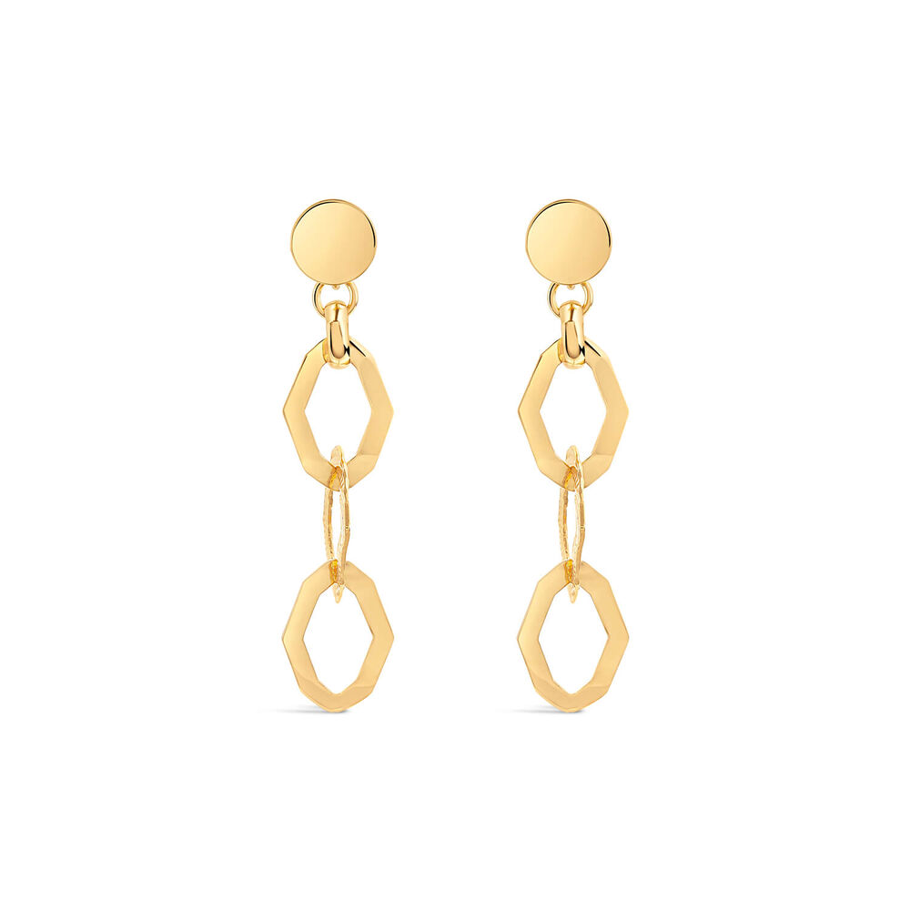 Yellow Gold Plated Sterling Silver Open Oblong Polished & Patterned Hexagons Drop Earrings
