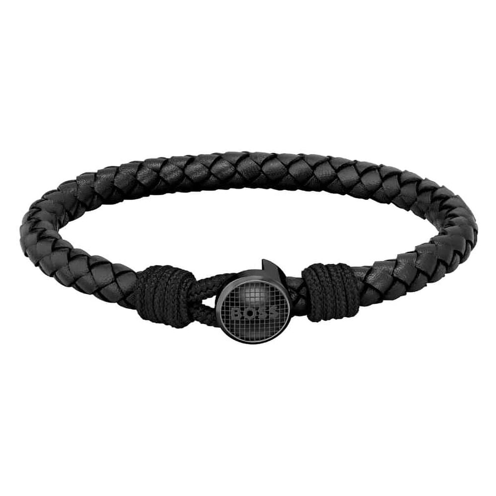 Gents BOSS Thad Classic Braided Black Leather Bracelet image number 0