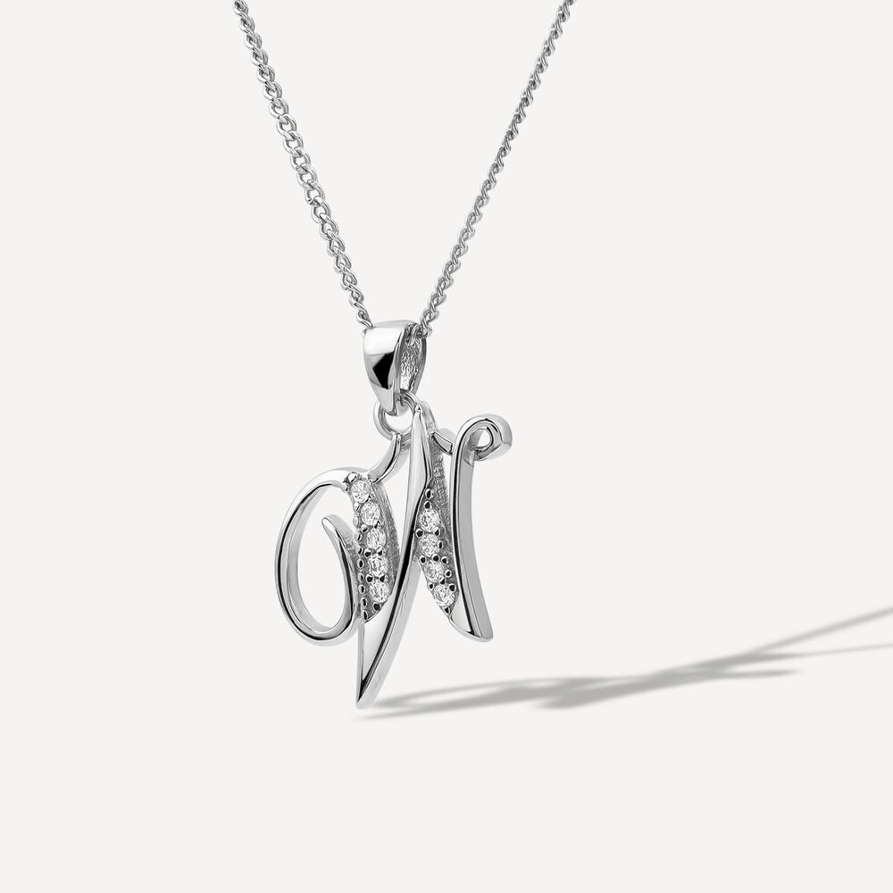 Sterling Silver Script Cubic Zirconia Initial W Pendant image number 1