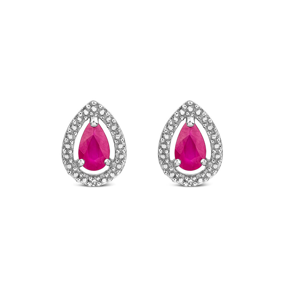 Ladies 9ct White Gold Created Ruby and Diamond Pear Earrings image number 0