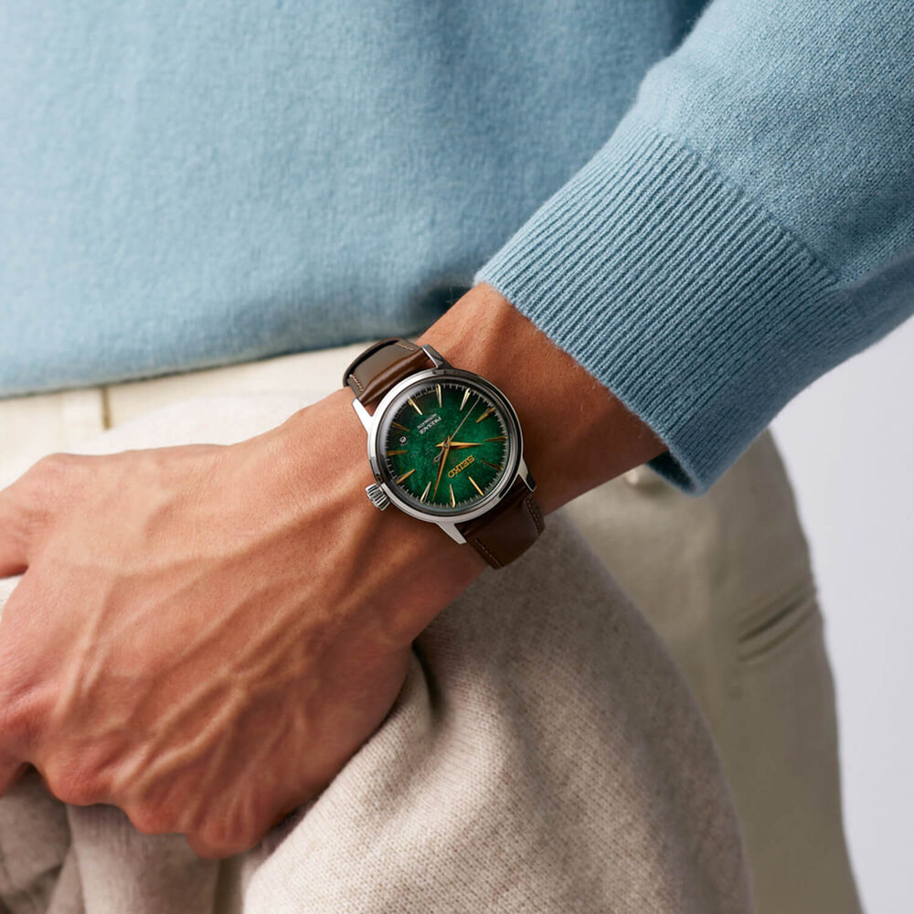 Seiko Presage Cocktail Time Crushed Ice &lsquo;Mint Mist&rsquo; 38.5mm Green Dial Leather Strap Watch