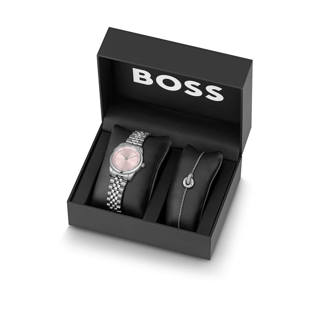 BOSS Graceful Precious 32mm Pink Dial Steel Bracelet Watch & Zirconia Steel Bracelet Gift Set image number 3