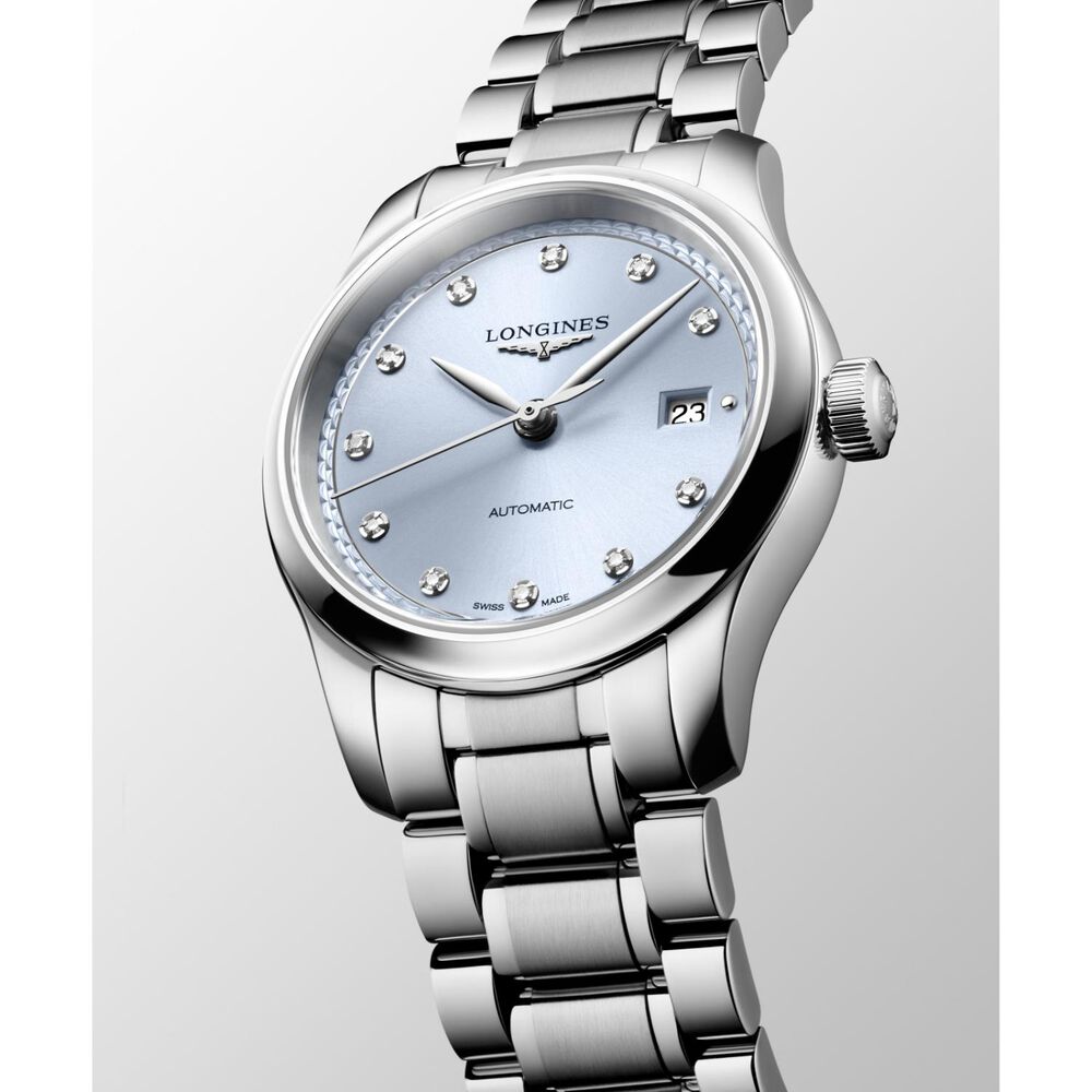 Longines Master Collection 30mm Frosted Blue Sunray Dial Diamond Dots Steel Bracelet Watch