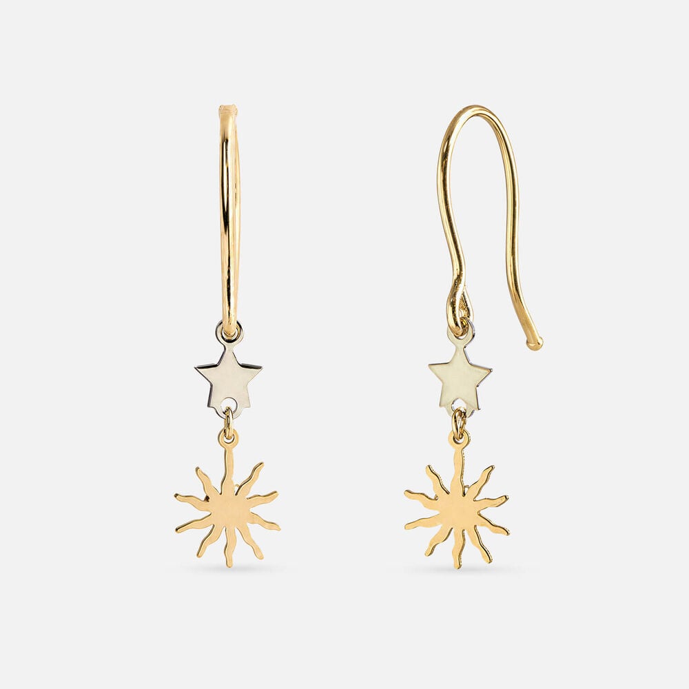 9ct Yellow & White Gold Sun & Star Drop Earrings
