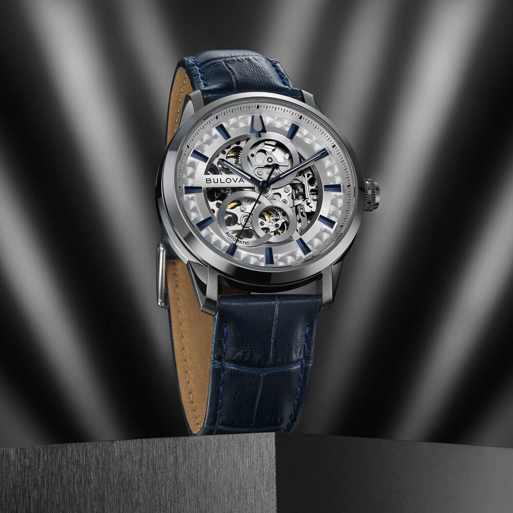 Bulova Sutton Automatic 40mm Silver Skeleton Dial Blue Leather Strap Watch