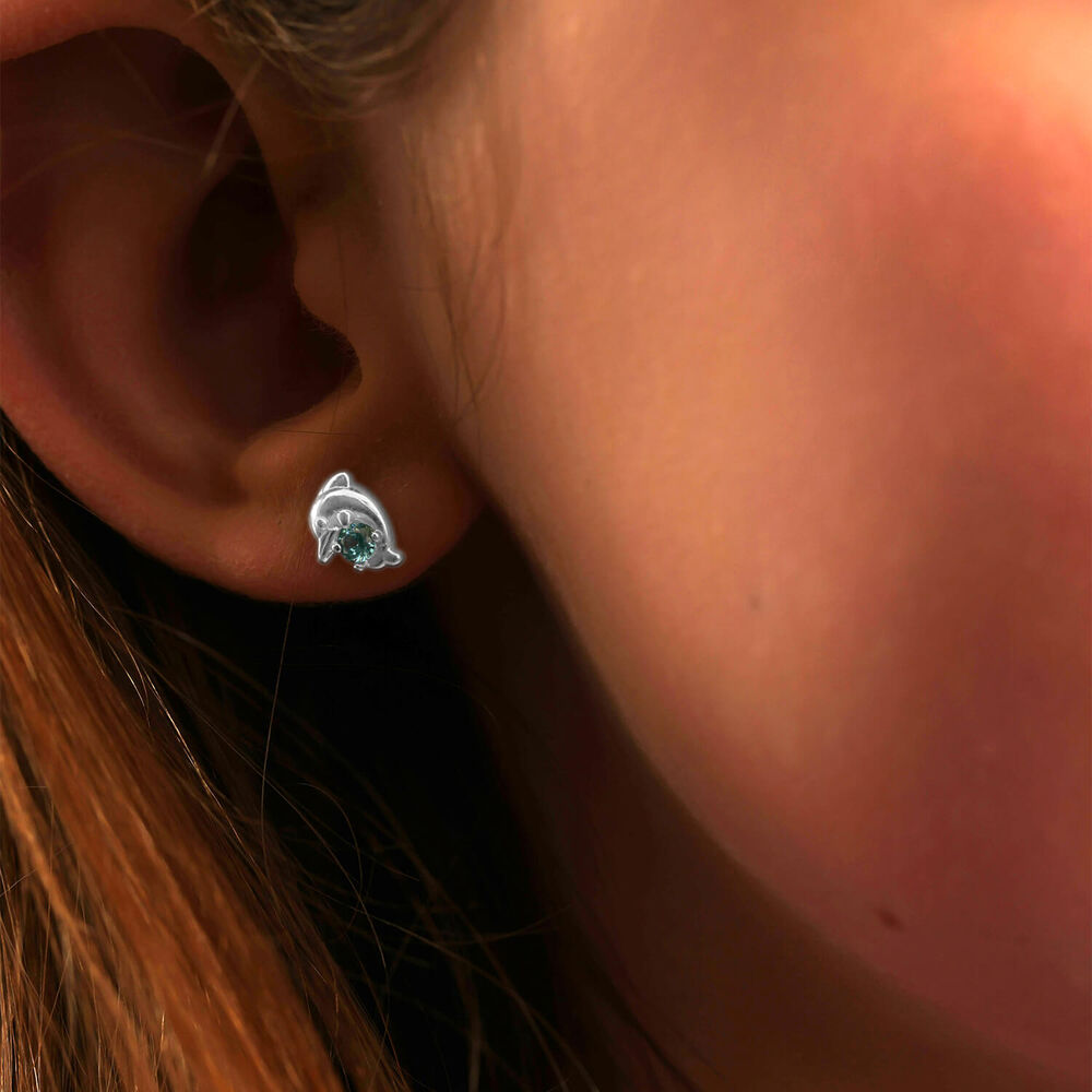Little Treasure Sterling Silver Blue Crystal Dolphin Stud Earrings image number 1