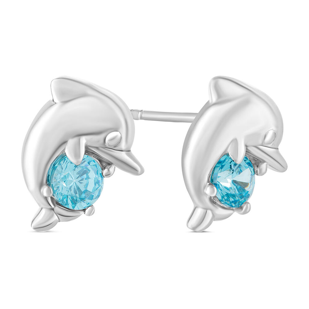 Little Treasure Sterling Silver Blue Crystal Dolphin Stud Earrings image number 1