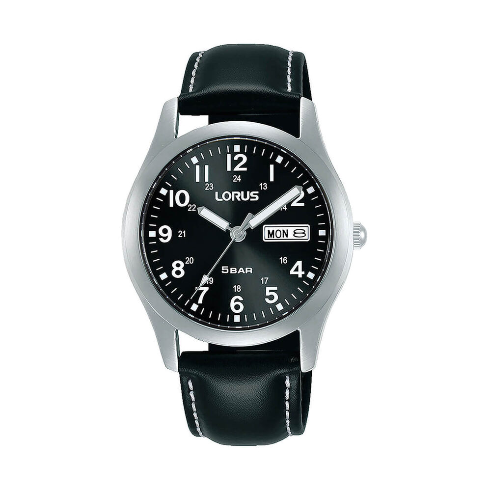 Lorus Quartz Gents 38mm Full Figure Black Dial Steel Case Leather Strap Watch