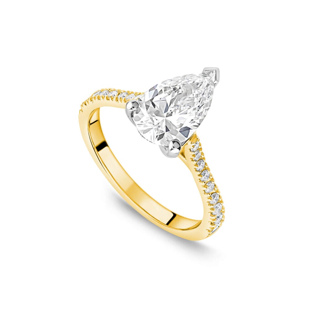 Born 18ct Yellow Gold Lab Grown 1.70ct Pear Solitaire & Diamond Sides Ring