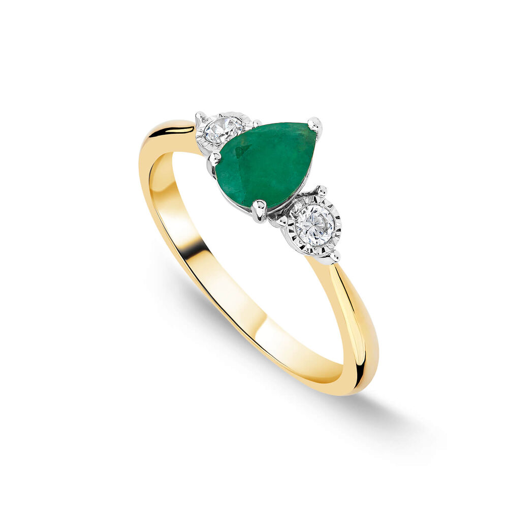 9ct Yellow Gold Pear Shaped Emerald 0.12 Diamond Sides Ring image number 0