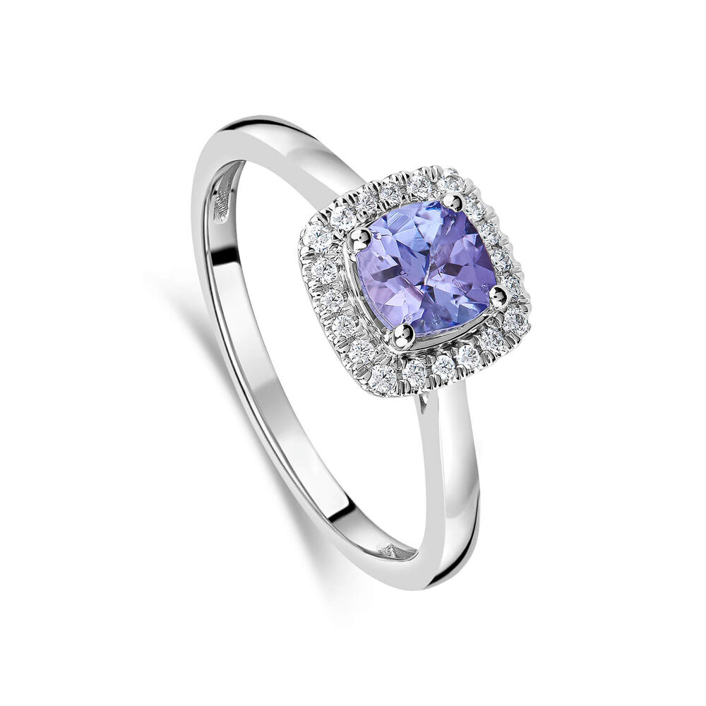 9ct White Gold Cushion Tanzanite & 0.10ct Diamond Halo Ring image number 0