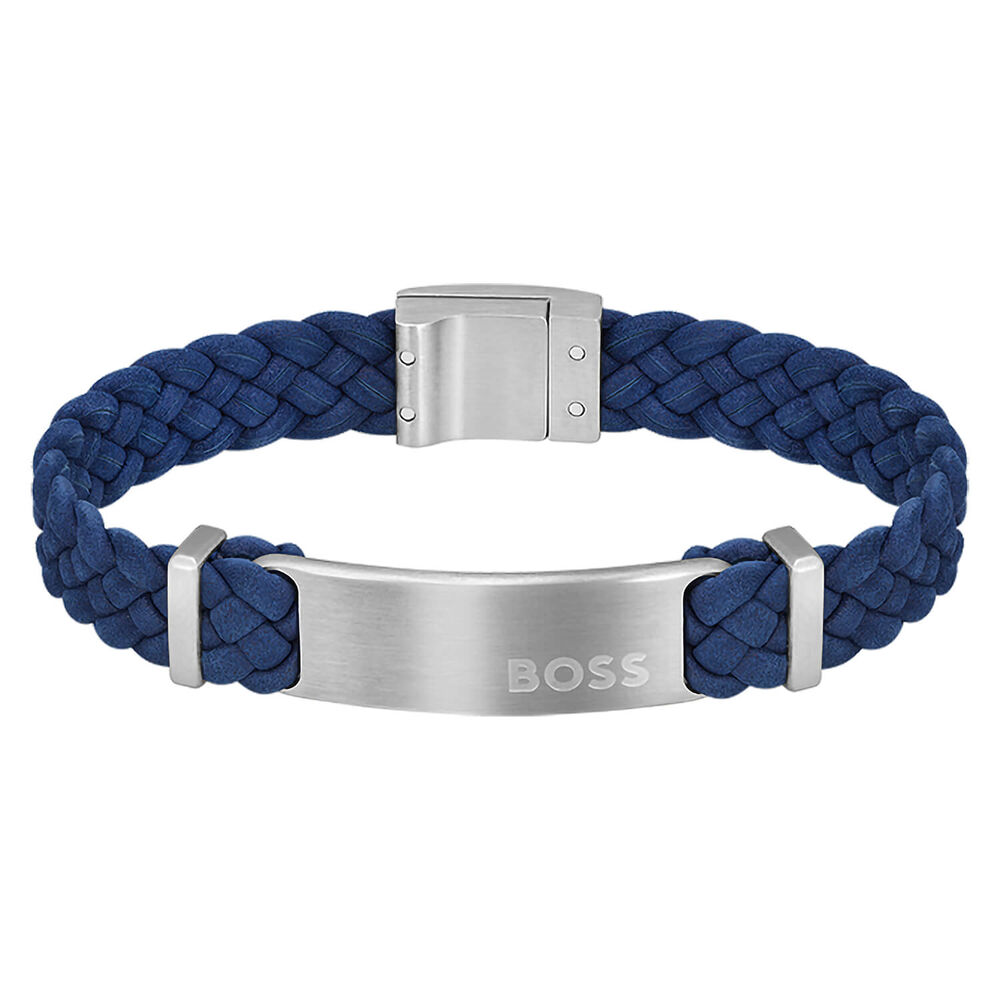 BOSS Dylan Navy Blue Leather Stainless Steel Plate Bracelet