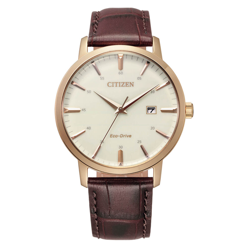 Citizen Eco Drive Rose Case Cream Dial Brown Leather Strap Date Feature Batons Watch