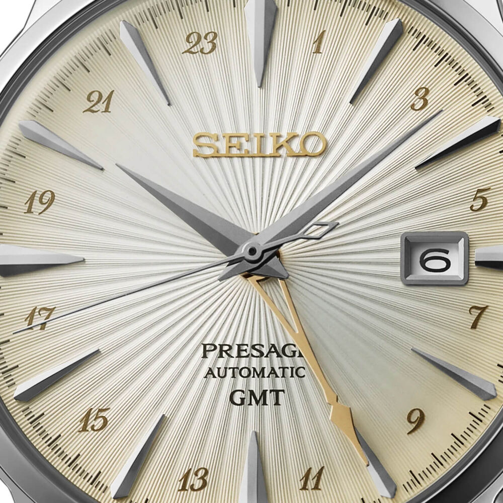 Seiko Presage Cocktail Time 'Acacia' GMT 40.5mm Gradation Yellow Dial Brown Leather Strap Watch image number 1