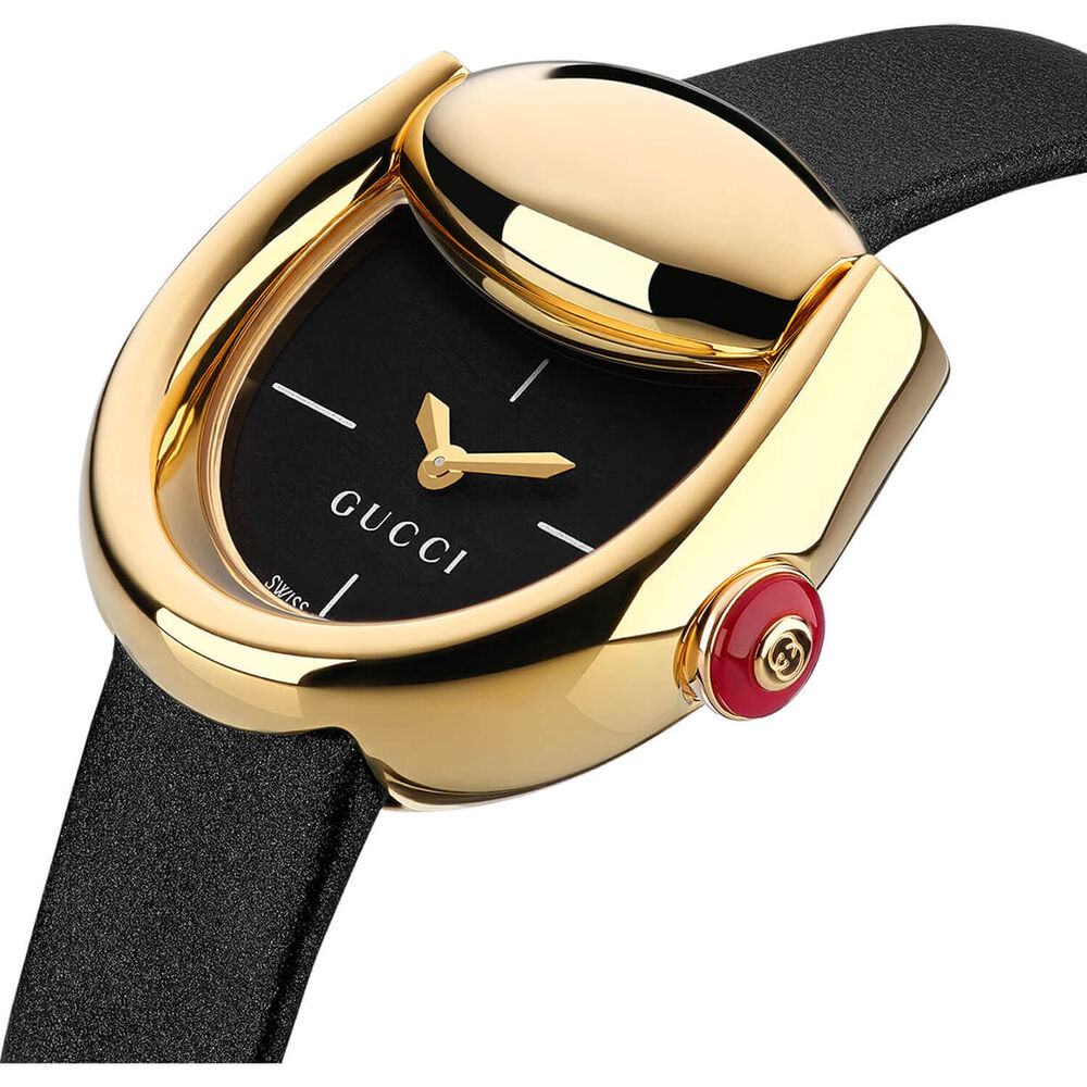 Gucci Horsebit 27x25mm Black Dial Gold Plated Case Black Leather Strap Watch
