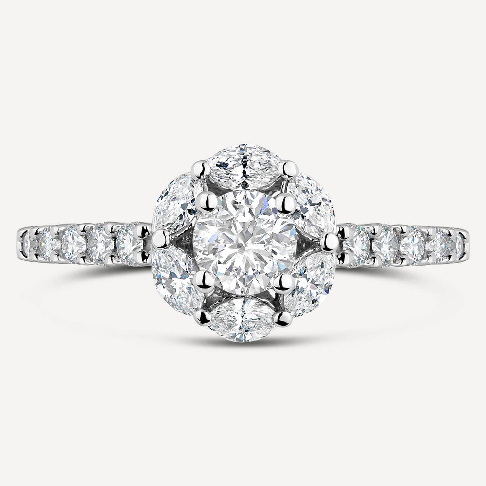 18ct White Gold Round Cluster Marq Petals Stone Set Shoulders 0.95 ct Ring image number 1