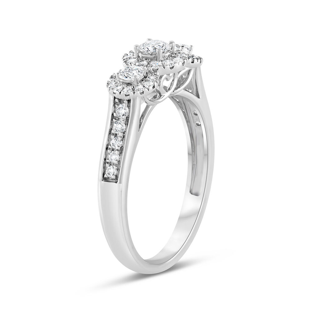 18ct White Gold 0.50ct Diamond Three Stone Halo Ring image number 3