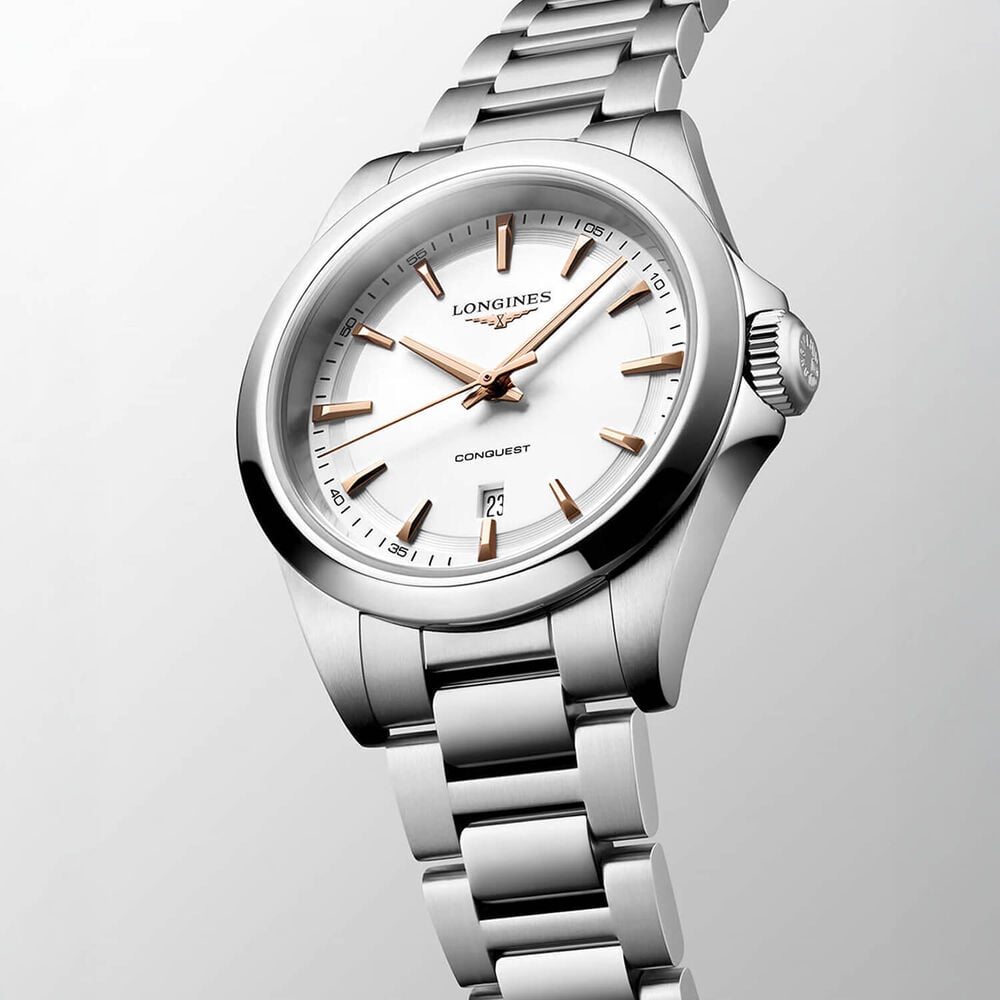 Longines Conquest 30mm White Dial Pink Hands Steel Bracelet Watch
