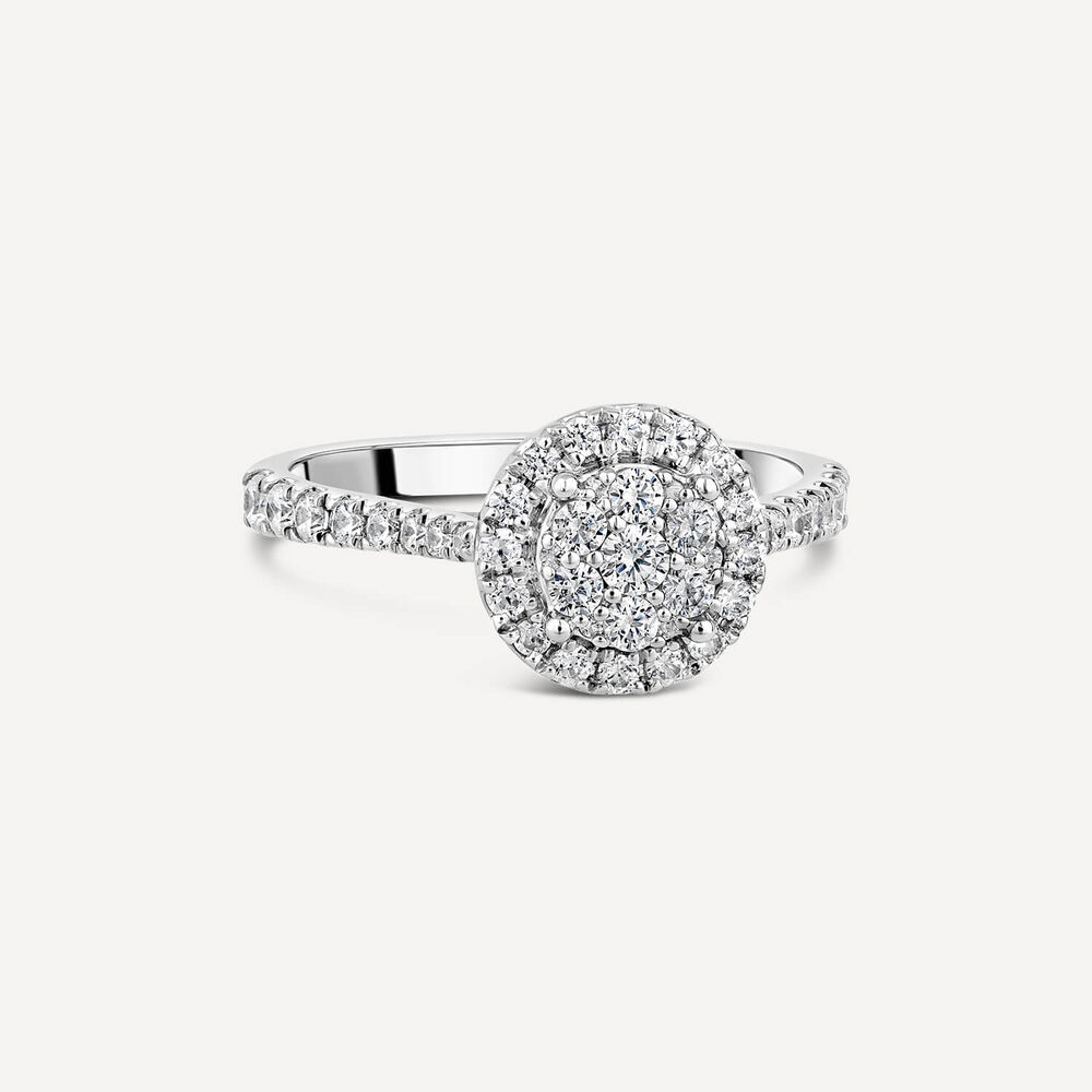 Kathy De Stafford 18ct White Gold Diamond Halo Cluster Stone Set Shoulders 0.60 Carat Ring image number 2