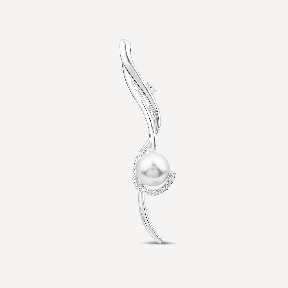 Sterling Silver Pearl & Cubic Zirconia Long Swirl Brooch image number 1