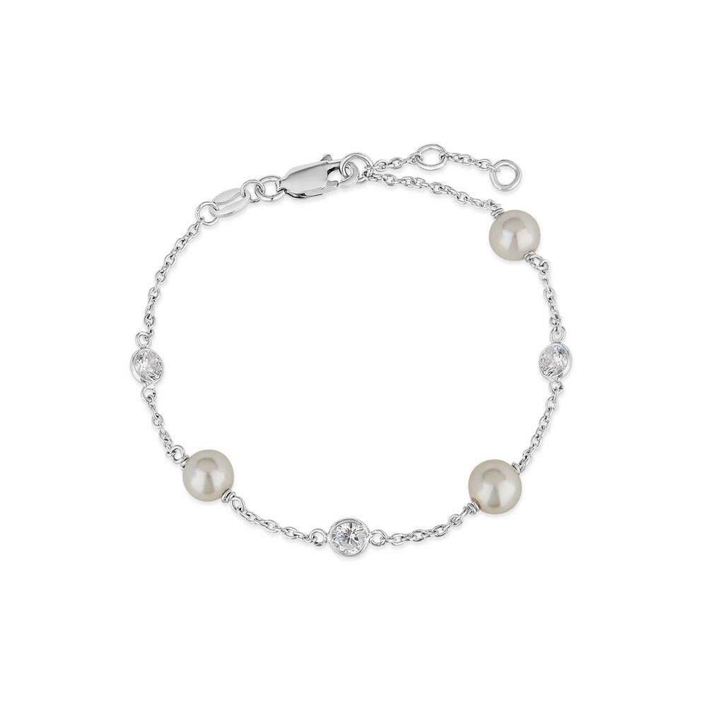 Sterling Silver Pearl and Round Over Cubic Zirconia Chain Bracelet
