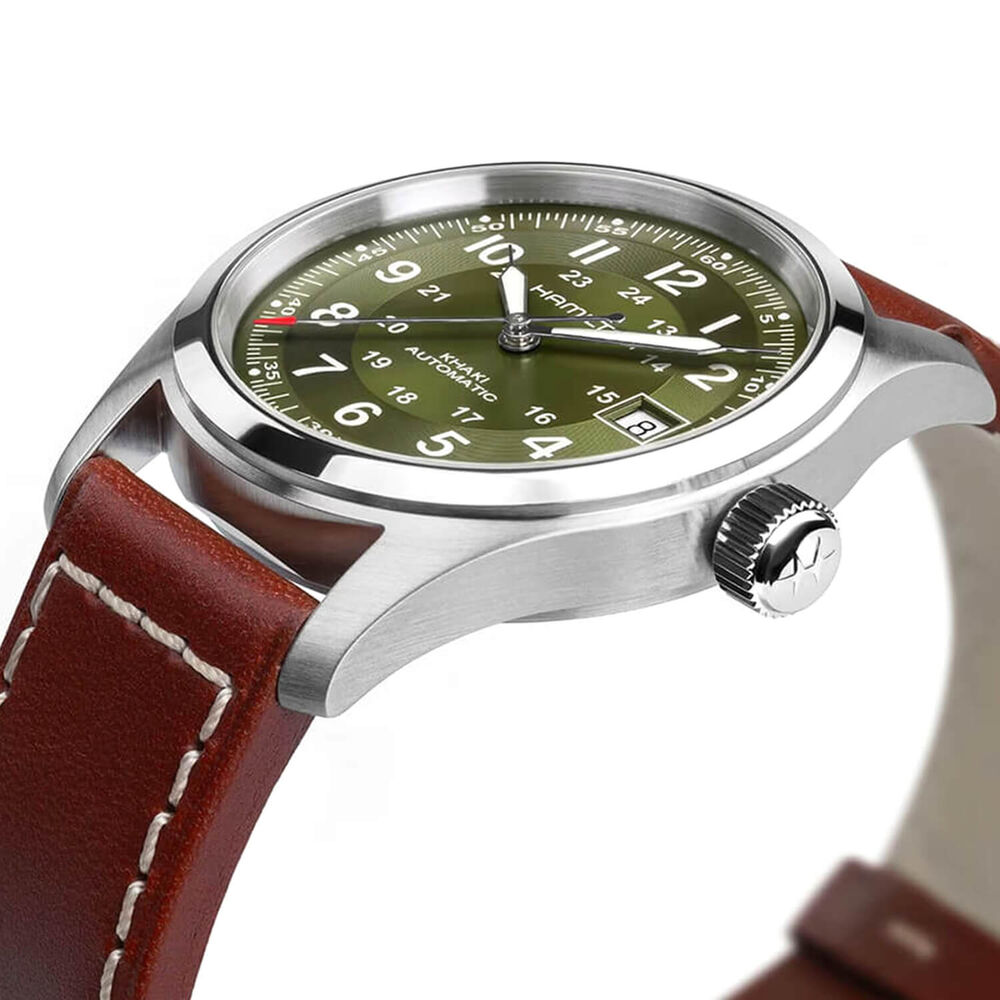 Hamilton Khaki Field 38mm Green Dial Brown Leather Strap Watch