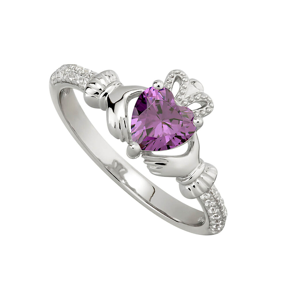 Sterling Silver Claddagh Birthstone February Cubic Zirconia Shoulder Set Ring