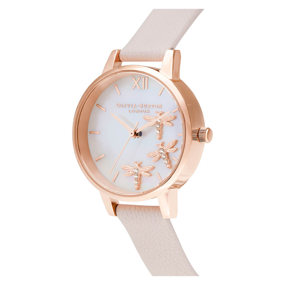 Olivia Burton Dancing Dragonfly Blush Faux Mother of Pearl Dial Peral Rose Gold IP Case Pink Leather Strap Watch