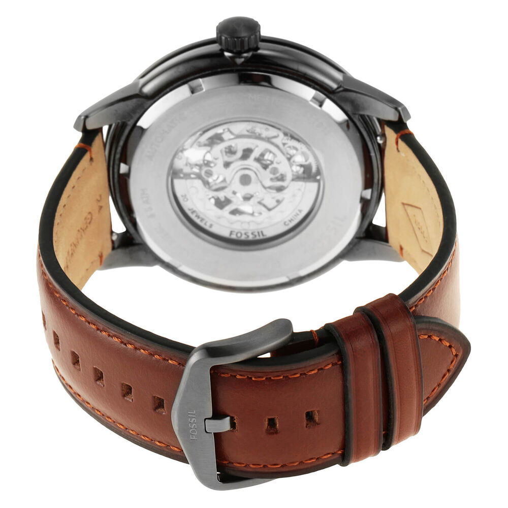 Fossil Townsmen 48MM Automatic Skeleton Dial Case Brown Strap Watch