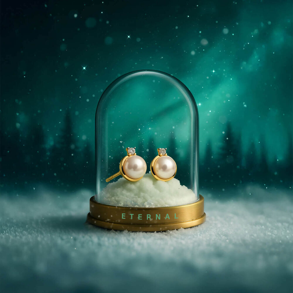 9ct Yellow Gold Diamond Top Freshwater Pearl Gold Rim Stud Earrings image number 2