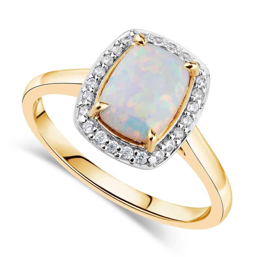 9ct Yellow Gold Rectangle Opal in Cubic Zirconia Frame Ladies Ring